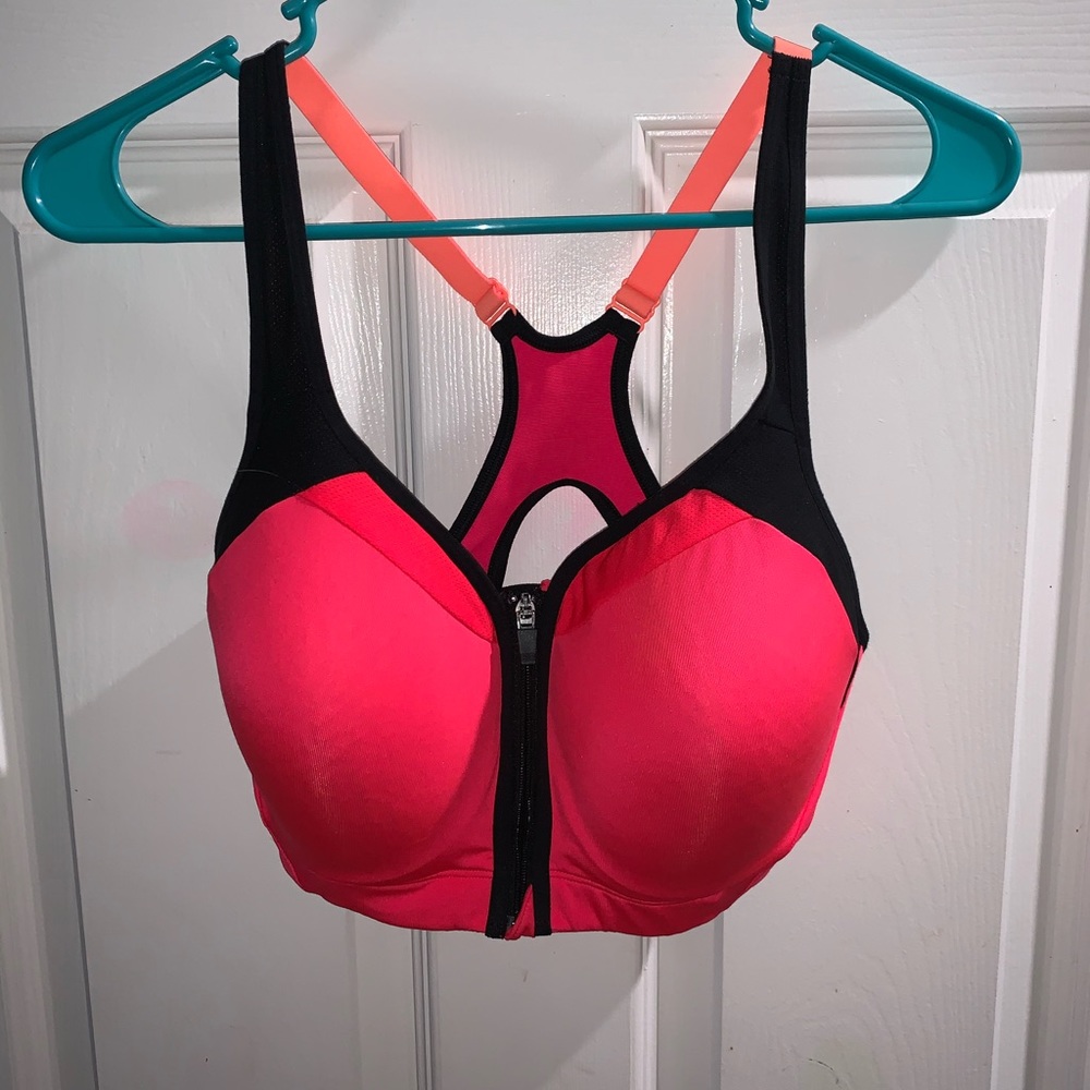 Pink zip up sports bra